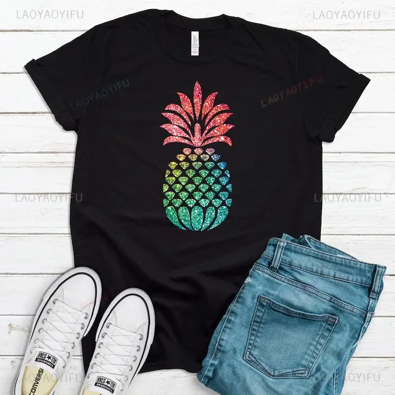 Colorful Pineapple No Glitter Is Used Premium Printed T-shirt Summer Vintage Beach Holiday High Quality Cotton Woman Man Tops