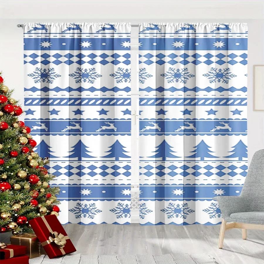 2PCS Christmas Winter Curtains, Blue White Knit Reindeer Snowflake Star Tree, Digital Print, Bedroom Living Room, Home Decor