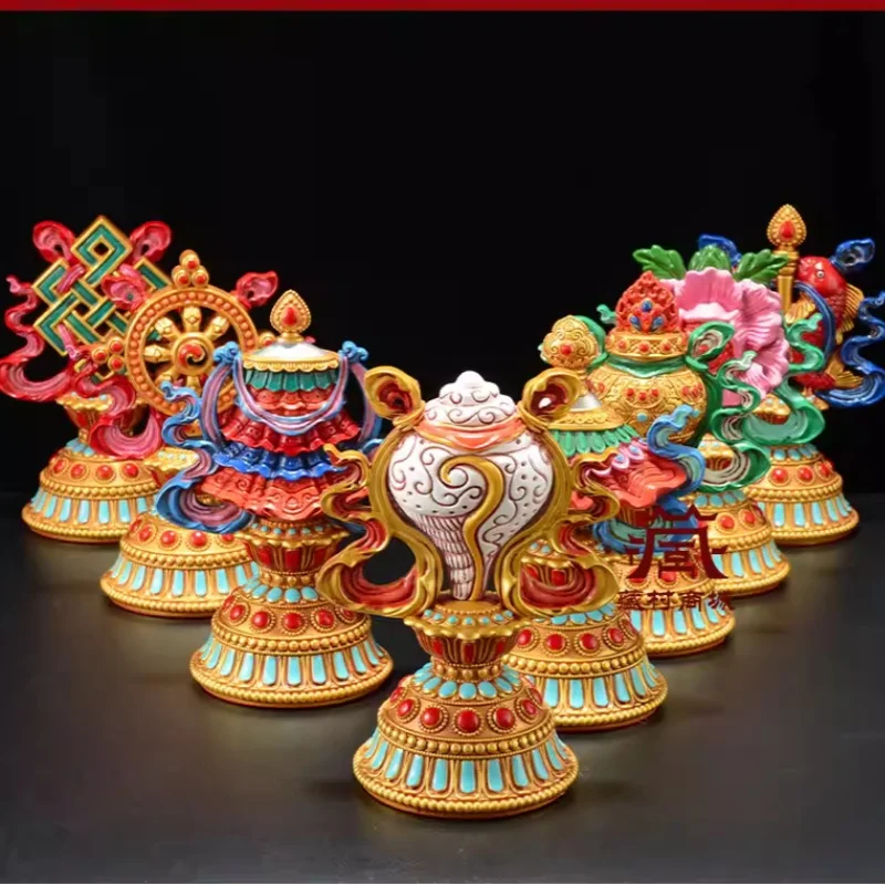 Tibetan Buddhism Resin Carving and Painting Eight Auspicious Ornaments Home Auspicious Desktop Tibetan style Decoration