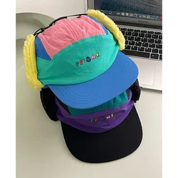 Women Fun Cute Quick-drying Waterproof Splicing 5-panel Baseball Cap Cotton Lamb Wool Ear Protectors Flanged Bomber Hat Winter