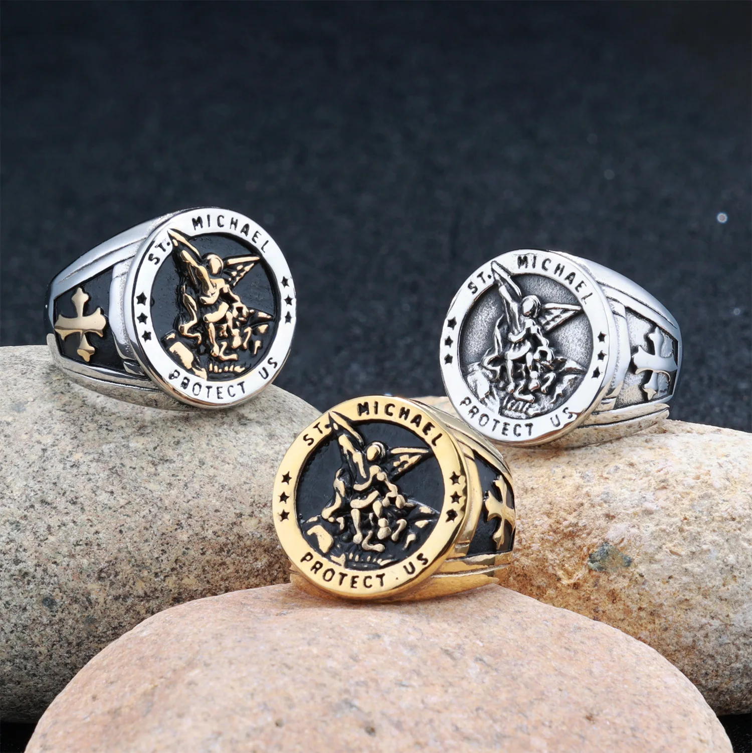 Archangel Saint Michael Rings for Men Silver Color Stainless Steel Vintage Jewelry Police Officer Warrior Guardian Deity Gifts