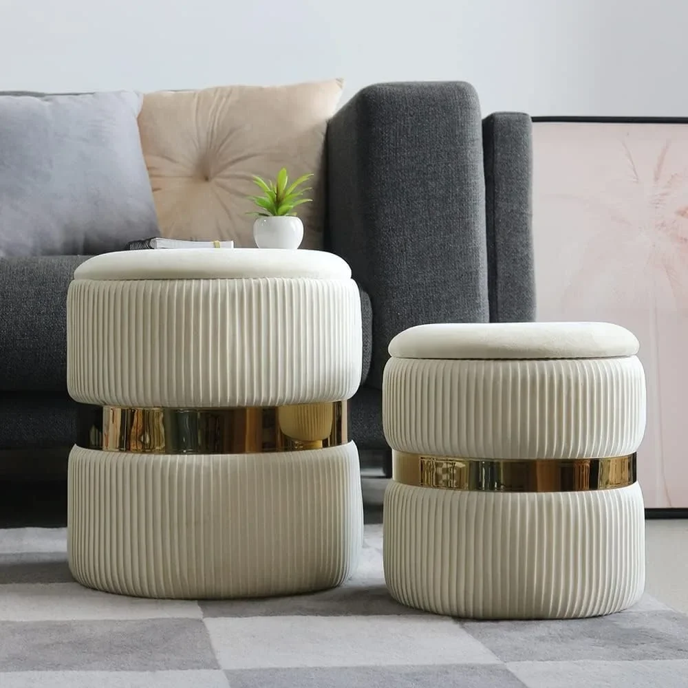 Round Velvet Ottoman with Storage Set of 2 Cream Velvet Storage Ottoman for Living Room Gold