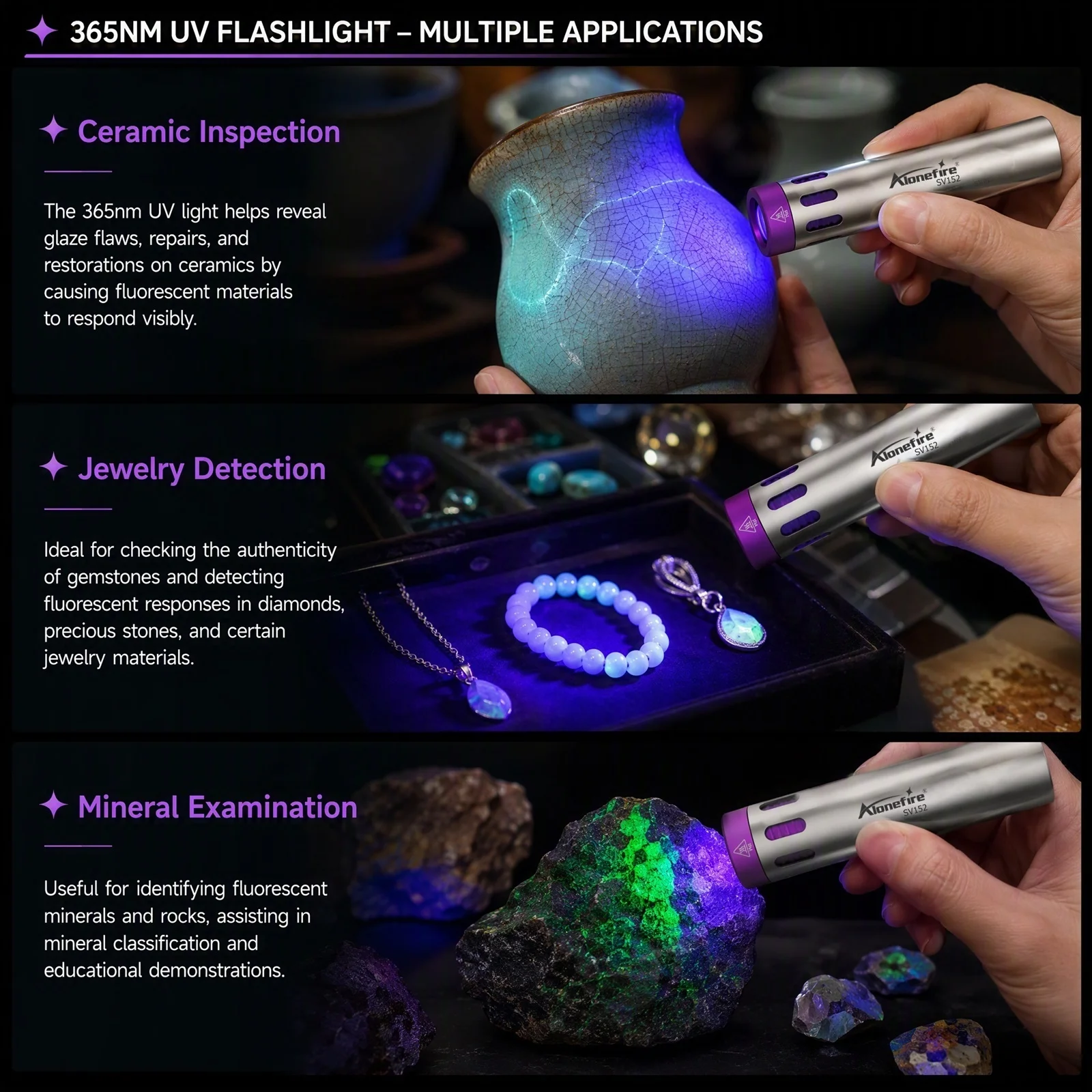 365NM Dual Led UV Led Blacklight Mini Flashlight Usb Rechargeable Curing Lamp Pet Urine Tinea Jade Gem Ore Money Scorpion Light view 3