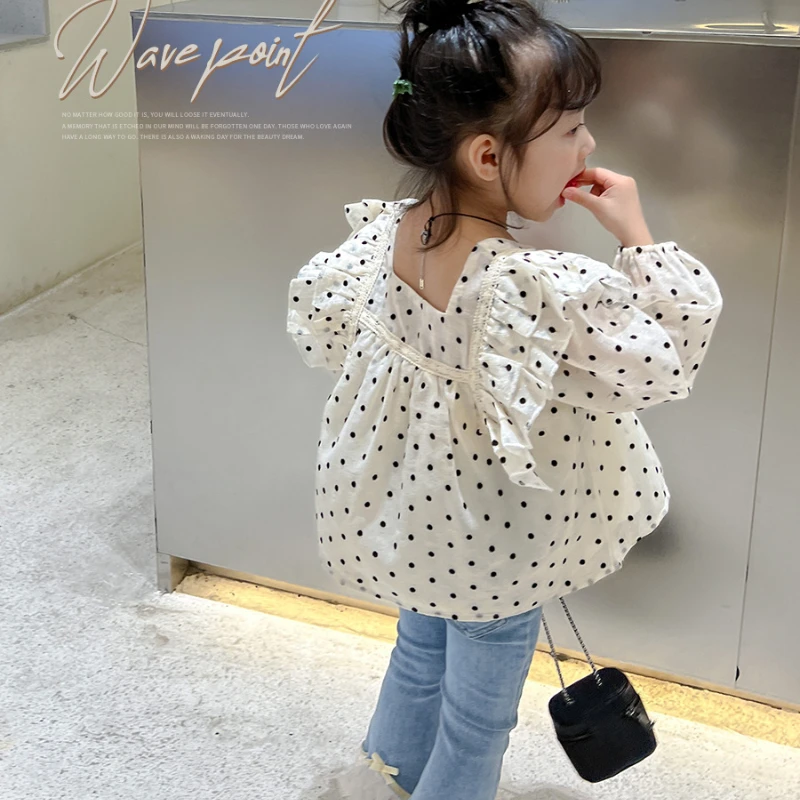 

3-7Y Girls Clothing Set Autumn Spring Long Sleeve Polka Dot Shirt Top Jeans Denim Pants Toddler Girl Clothes Chirldren Clothes