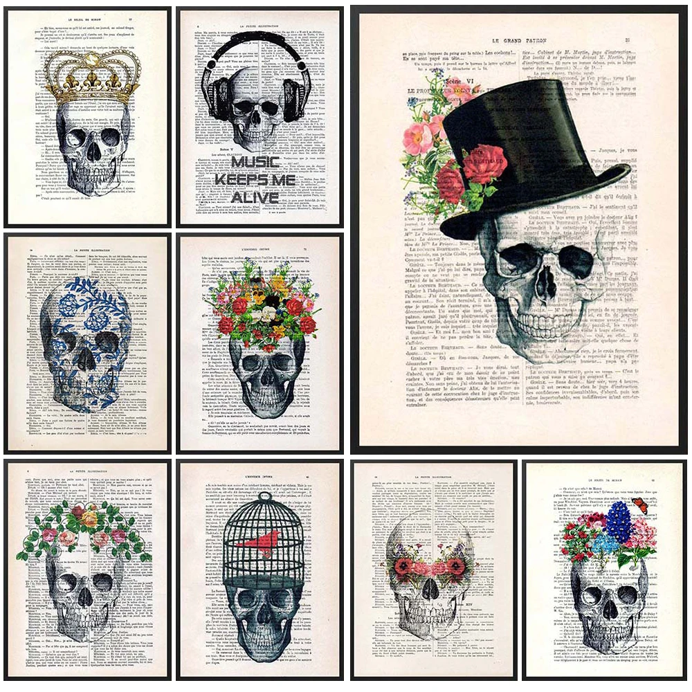 Vintage Flowers Skull Funny Organ Anatomy Poster Wall Art Canvas Painting Home Decor Wall Pictures For Living Room Unframed