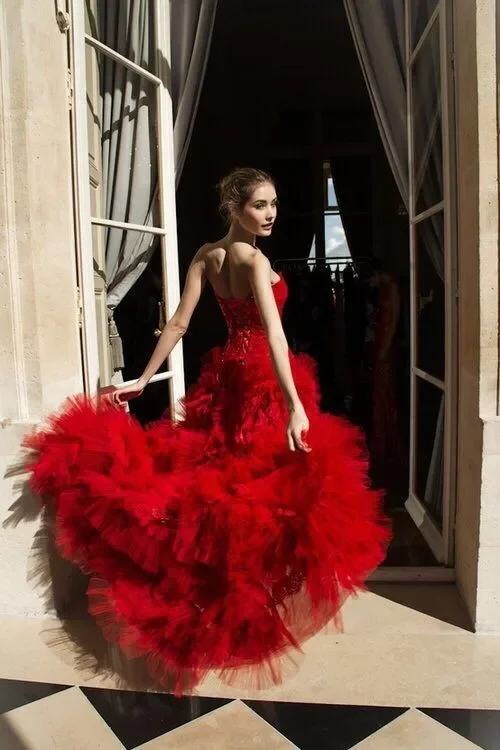 Couture Red LaceWith Ruffles Trimmed Details Strapless Long Women Maxi Gowns High Low Formal Party Dresses