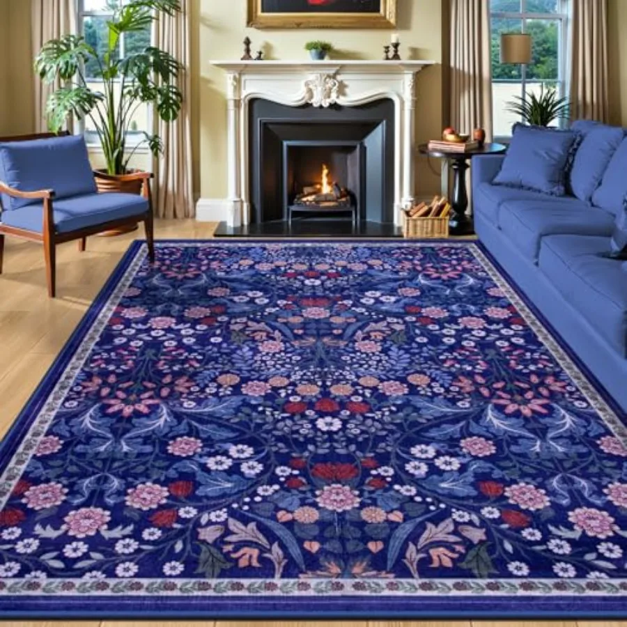 

8x10 Area Rugs for Living Room: Floral Washable Vintage Large Soft Boho Non-Slip Indoor Floor Rug Stain Resistant Carpet for Be
