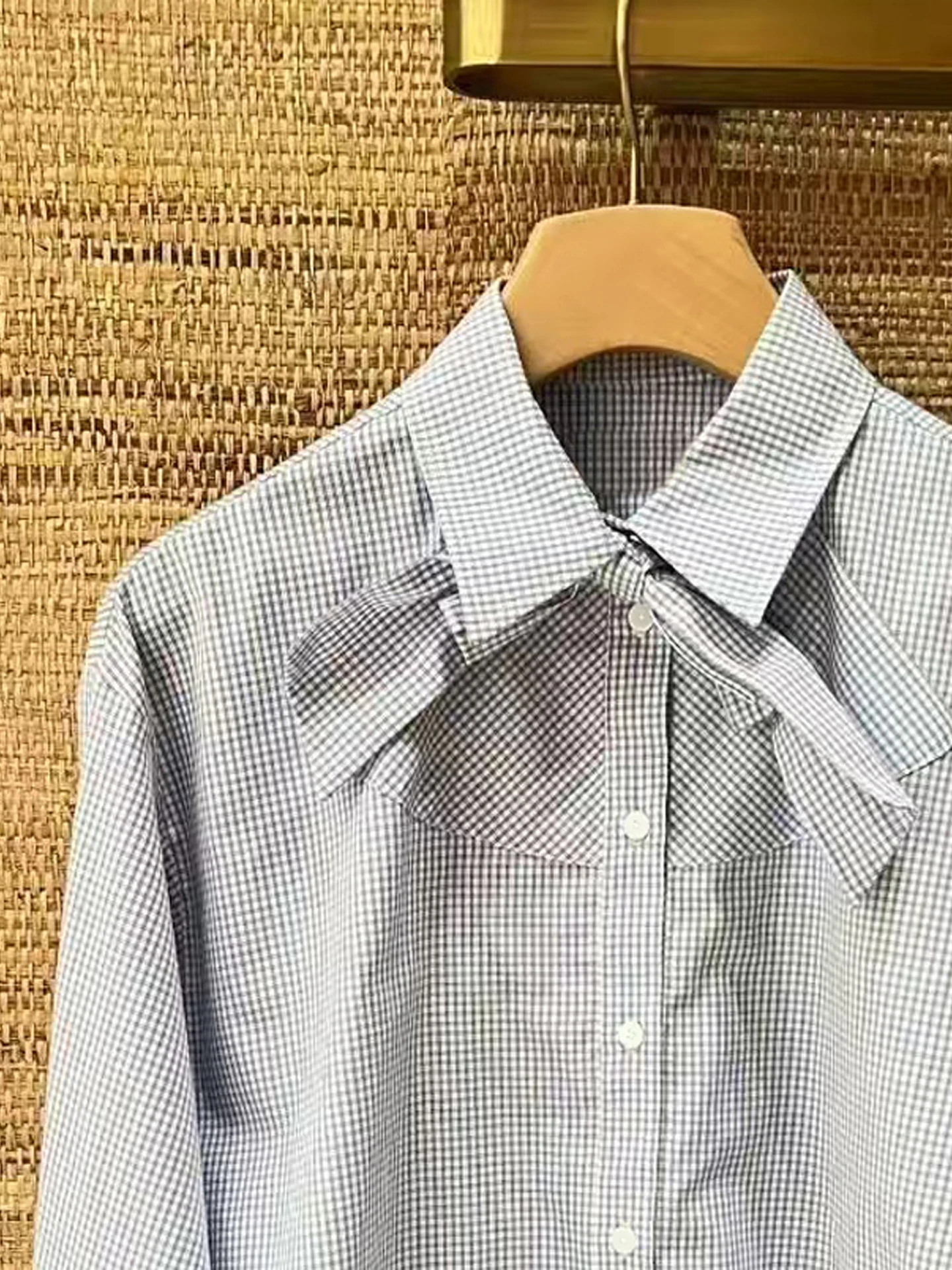 Sホームサウスオイル高級婦人カジュアルチェック柄シャツ春秋シーズン折り返し襟蝶結びトップス女性用