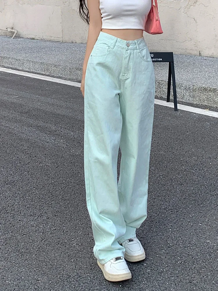 Koreanischer Stil neues Design in voller Länge Jeans Frauen Mode hohe Taille weites Bein Hosen Sommer sexy Gyaru schlanke Jeans hose Harajuku