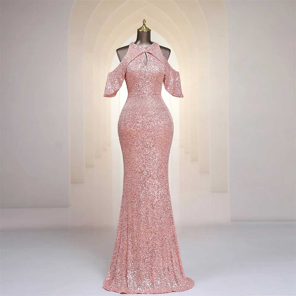 

Stylish Pink Sequined Mermaid Evening Dresses For Women Trumpet Keyhole Neck Off Shoulder Trumpet Prom Dresses Formal Party