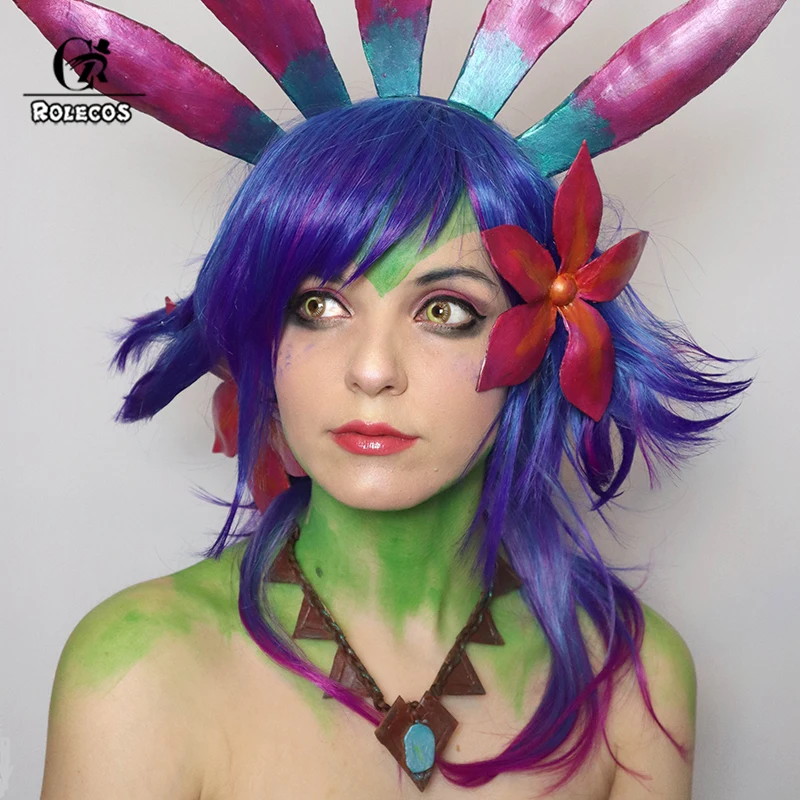 ROLECOS Synthetic Hair Game LOL Neeko Cosplay Wigs Neeko Cosplay Hair Role Play Halloween Blue Mixed Purple Wig Synthetic Hair