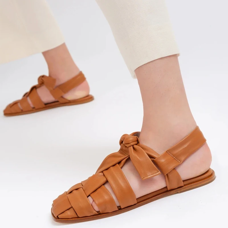 Flats Sandals Women Woven Square Toe Gladiator Sandal 2024 Summer New Vintage Roman Shoes Genuine Leather Sandalias Femininas