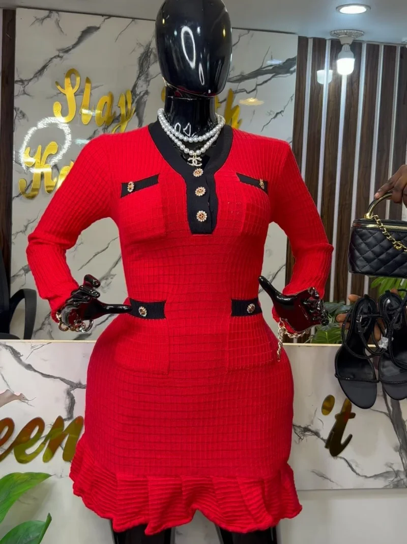 Elegante vestido de malha fino ajuste roupas de outono feminino manga longa vneck bodycon plissado hem mini vestidos ol estilo malha waffle vestido