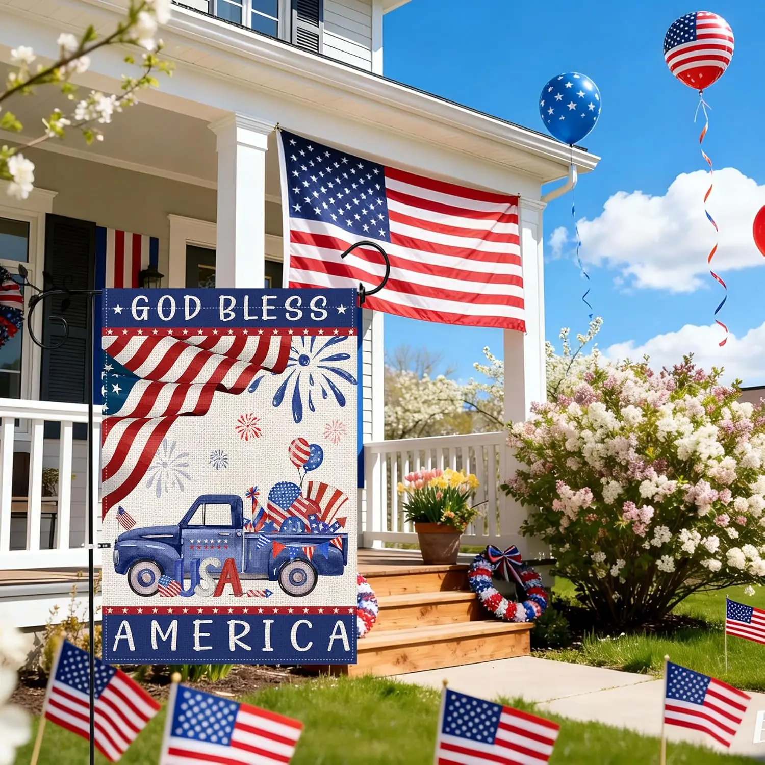 Bonsai Tree 4th of July Garden Flag 12x18 Double Sided, God Bless America Patriotic Flags for Outside, Memorial Independence jjp