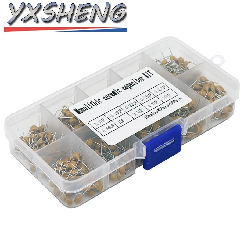500PCS/Set 10Values Each 50 0.1uF-10uF 224 474 105 225 475 50V Multilayer Ceramic Capacitor Assorted Kit Assortment Set With Box