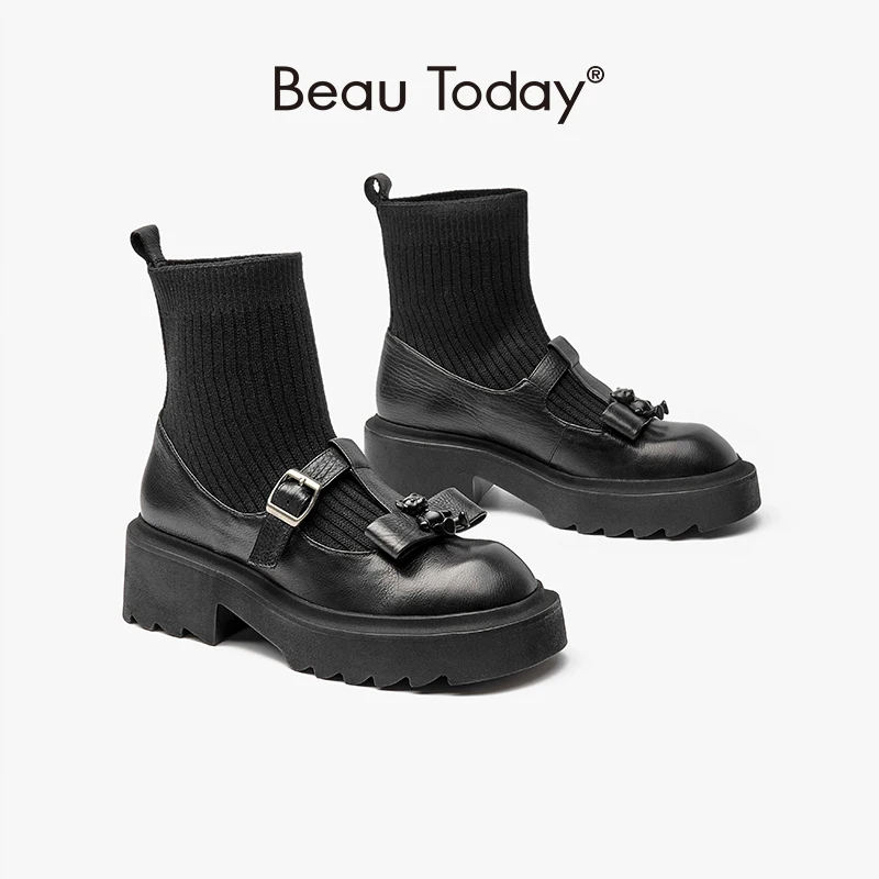 BeauToday Sock Boots Women Calfskin Leather Little Bear Decoration Belt Buckle Strap Ladies Ankle Length Shoes Handmade 03572