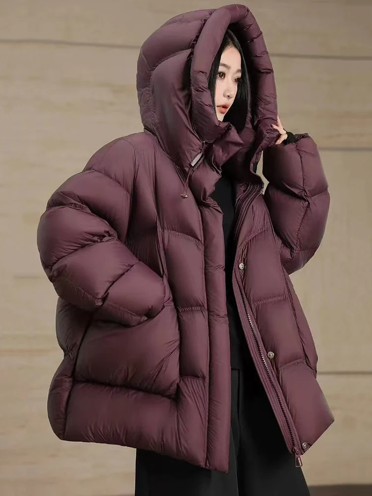 DEAT Fashion Women\'s Cotton-padded Coat Hooded Loose Zipper Ankela Red Thick Warm Quilted Jackets Winter 2024 New Tide 7AB6119