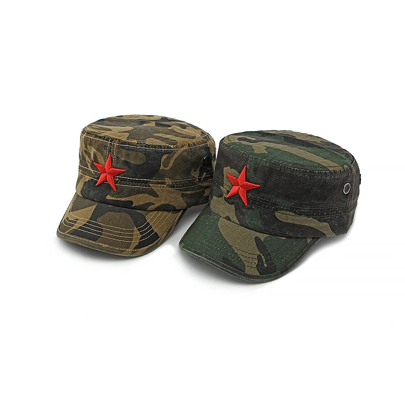 Chapeau de baseball à dessus plat en coton camouflage militaire, broderie étoile rouge 3D, protection solaire, casquette unisexe réglable pour randonnée en plein air et voyage