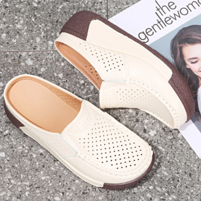 Women's Casual Shoes Hollow Women Half-heel Loafers Comfortable Platform Shoes Leather Moccasins Fashion Sneakers Zapatos Mujer