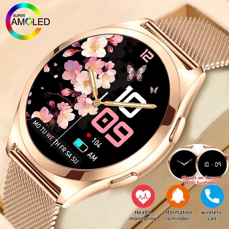 

LIGE новые женские модные умные часы женские AMOLED всегда отображают время сердечного ритма Bluetooth вызов водонепроницаемые умные часы для здоровья женские