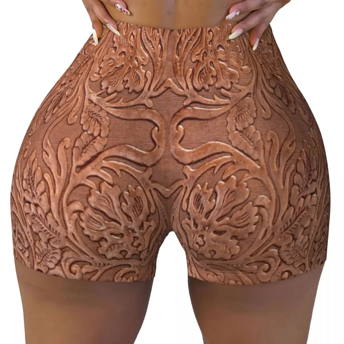 Custom Tan Leather Design Biker Running Workout Shorts for Women Vintage Brown Cowhide Texture Athletic Gym Yoga Shorts