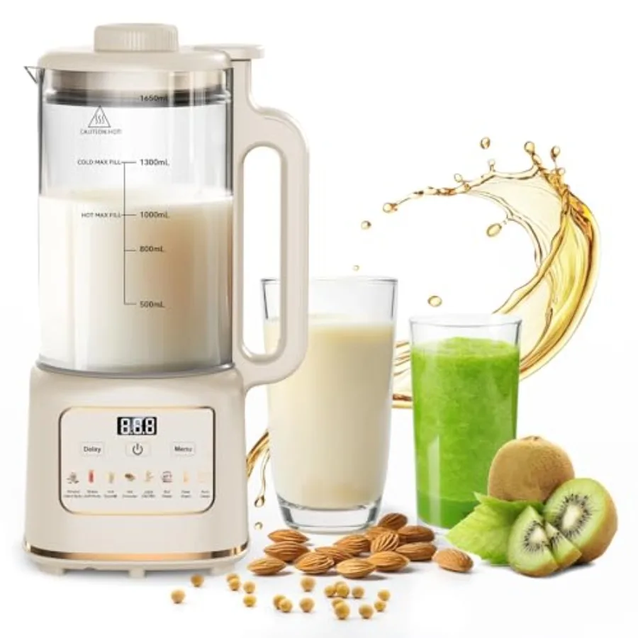 

10-in-1 nut milk maker for home use, stainless steel and plastic, white, automatic soy almond oat milk and juice preparation
