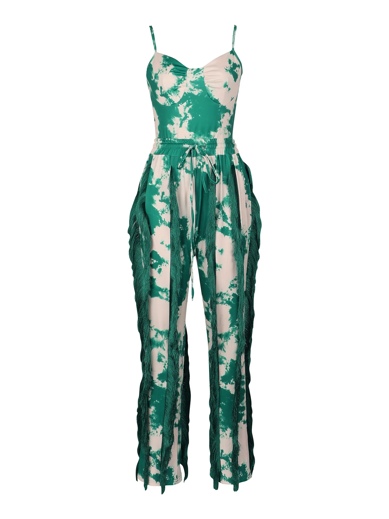 Three Sisters 2025 Jumpsuit Suspender Renda Rumbai Cetak Tanpa Lengan Wanita Set Dua Potong Manis Segar Elegan di Musim Panas