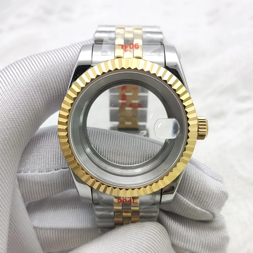 طقم ساعات ميكانيكية أوتوماتيكية 39 ملم للرجال 5 ألوان، هيكل من الفولاذ المقاوم للصدأ + حزام، زجاج ياقوتي