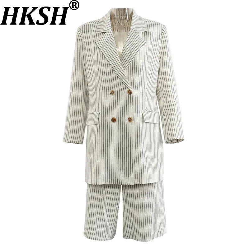 HKSH 2026 Spring Autumn New Women Two-piece Suit Set Striped Double Breasted Blazer Straight Cropped Pants Shorts Fashion HK3153