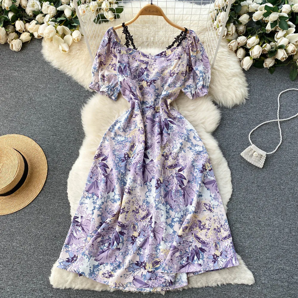 Women Summer Dress for Vacation Flower Print Puff Sleeve Boho Beach Skirt Pink Fairy Ladies Smocked Long Dress Female Party Gala