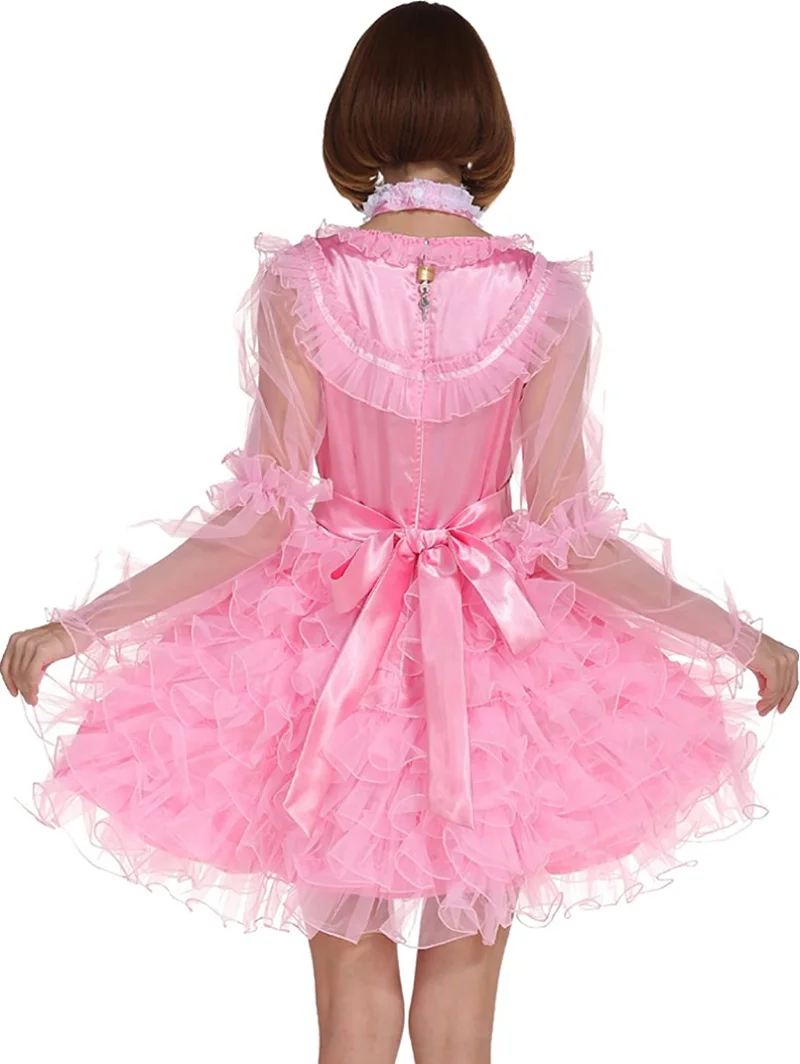 Hot Selling New Lockable Sissy Girl Maid Pink Neckline Heart-shaped Multi-layer Fluffy Dress Role Play Customizable