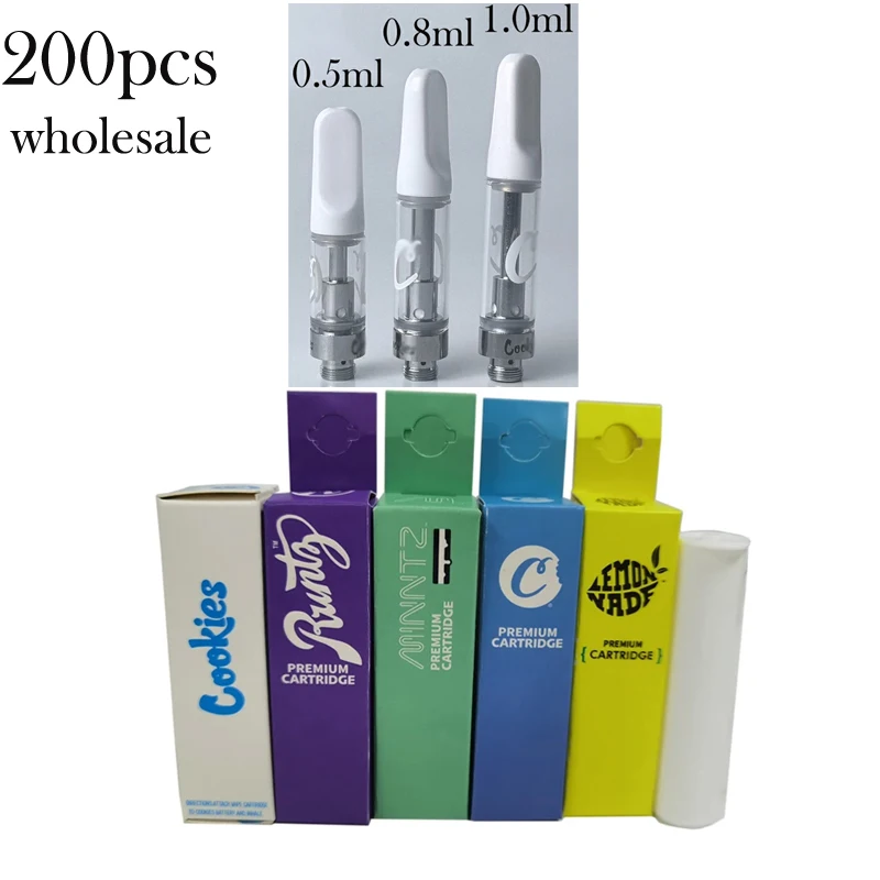 

200pcs/lot In Stock 0.5ml 0.8ml 1ml Cookies Cartridge Glass Atomizer Pod 510 thread Carts For Twist Preheat Battery Vape Pen