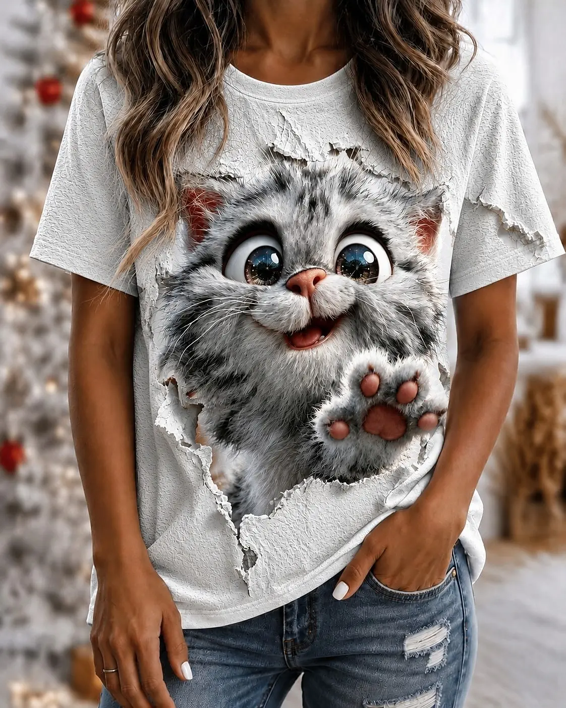 Women's Spring Summer 3D Printed Crew Neck T Shirt, Ripped Paper Gray Tabby Cat Paw Cute Pet Healing Casual Top