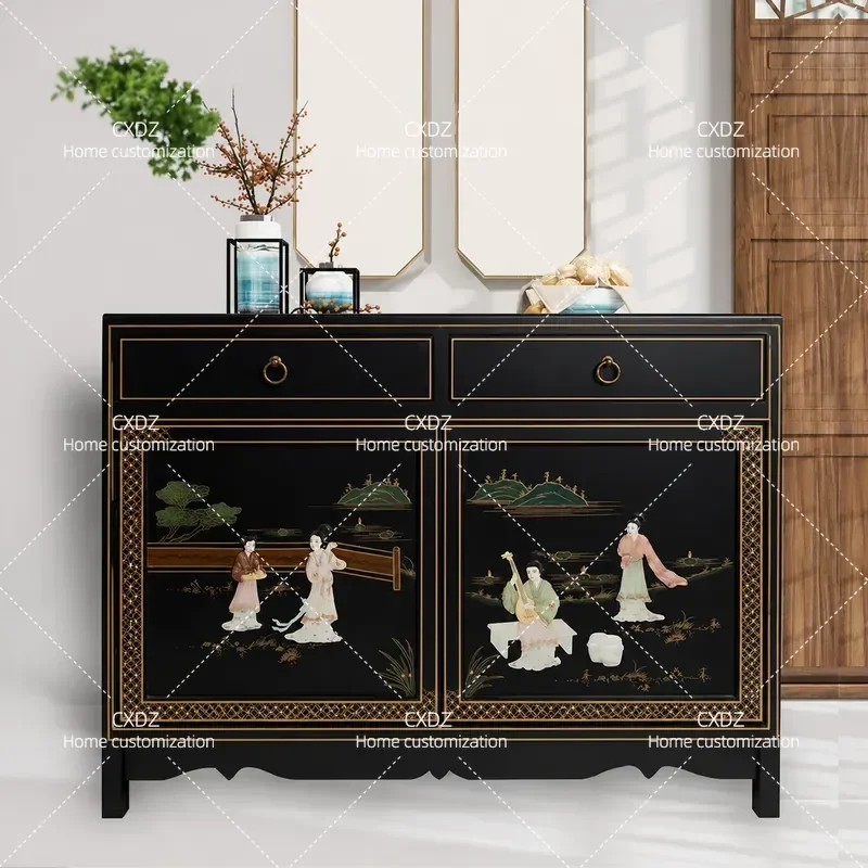 New Chinese Style Bone Inlaid Lacquerware Right Angle Bar Cabinet Dining Sideboard Integrated Storage Wall Unit