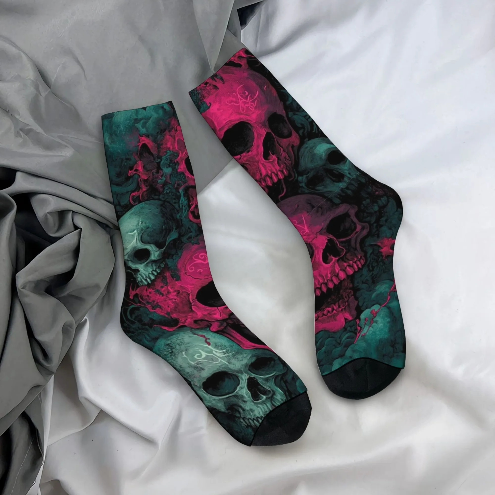 A pair of dark retro gothic skull print men's socks, a novel Harajuku street style casual sock for crazy parties and fun gifts.