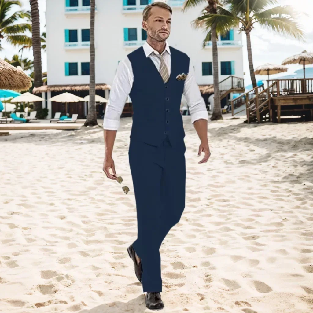 Two-piece Set Single Breasted Retro Style Vest with V-neck Sleeveless Jacket with Pockets Summer Beach Wedding Parties
