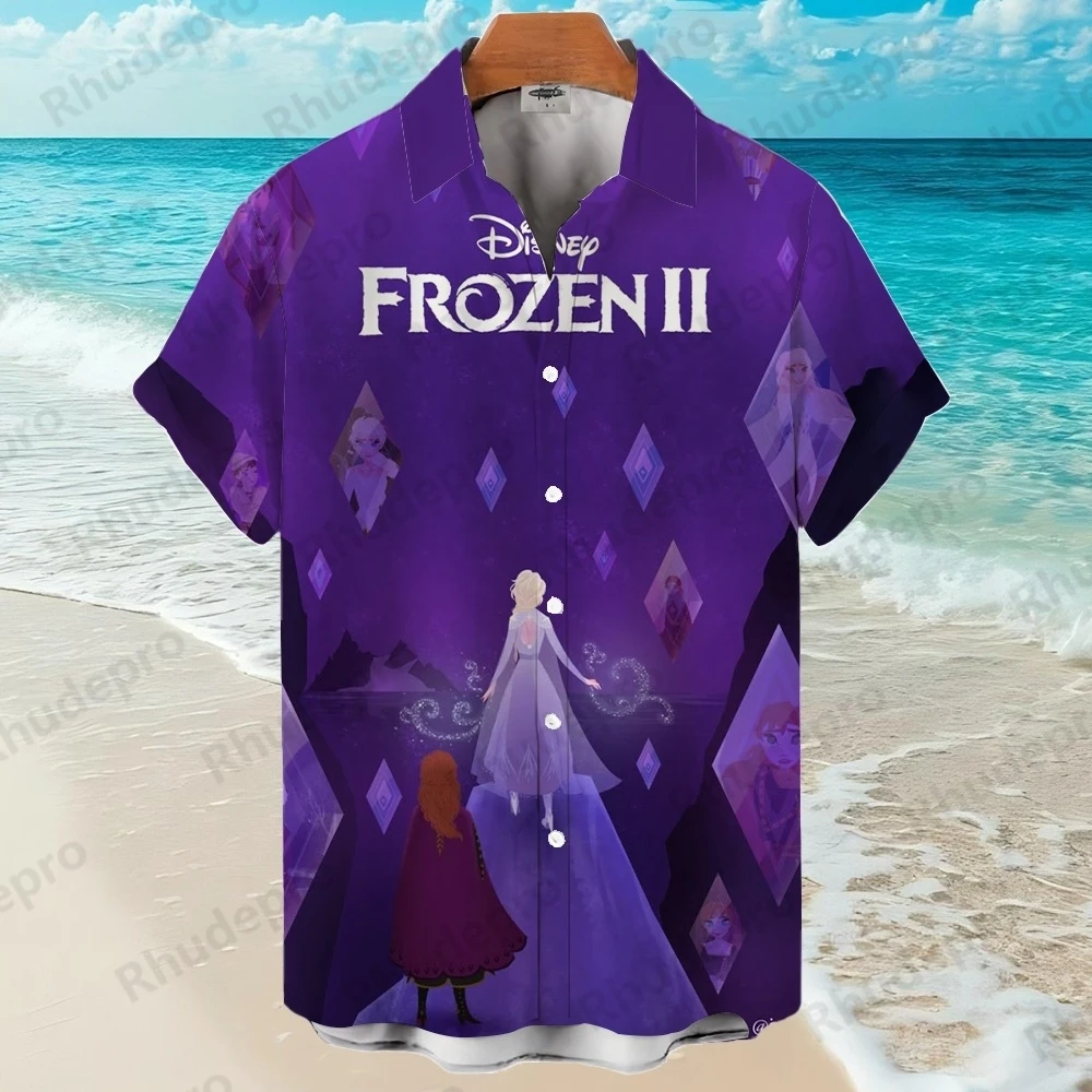 

Коллекция Disney Frozen Icon, гавайская рубашка, мужская рубашка на пуговицах, 2021, модная пляжная рубашка принцессы Эльзы с воротником с короткими рукавами, новое лето