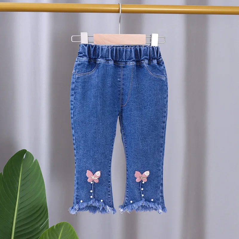 2024 New Spring and Autumn Children\'s Jeans Fashion Girls Korean Bow Horn Jeans Infant Stretch Pants 0-5 Years Old