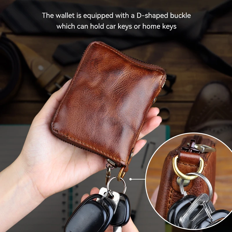 Portfel męski z prawdziwej skóry Retro etui na karty ze skóry bydlęcej z zamkiem błyskawicznym z kieszonką na monety mała mini męska portmonetka — zdjęcie 6