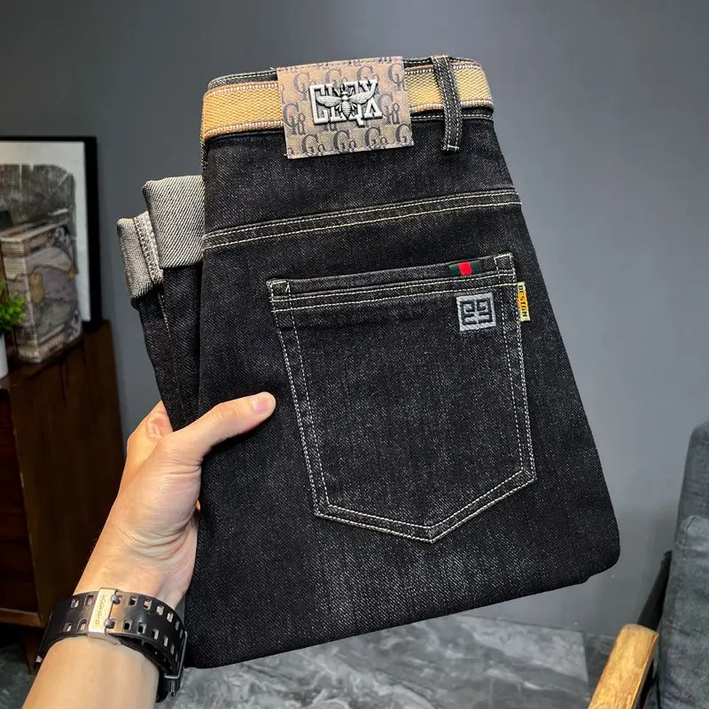 

Black Grey High End Elastic Embroidery Spliced Jeans Men's Autumn Winter Trendy Brand Slims Smooths Your Silhouette Versatile