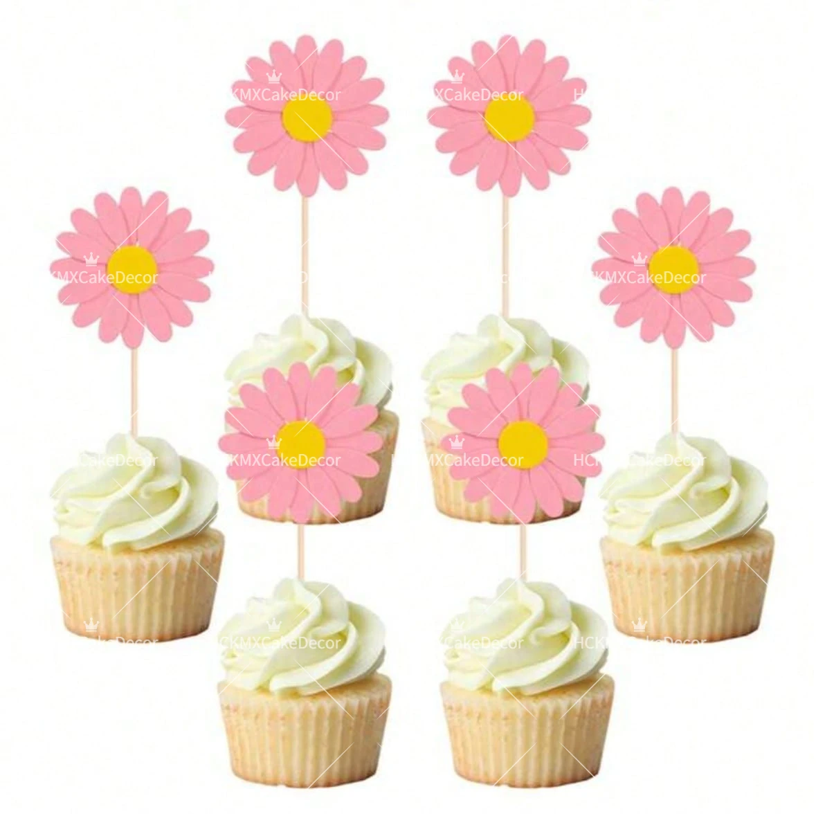 5 Stück Gänseblümchen-Cupcake-Topper in Rosa, Weiß und Gelb, Gänseblümchen-Kuchendekoration für Geburtstag, Hochzeit, Party, Kuchendekorationen und Zubehör – Detail 5
