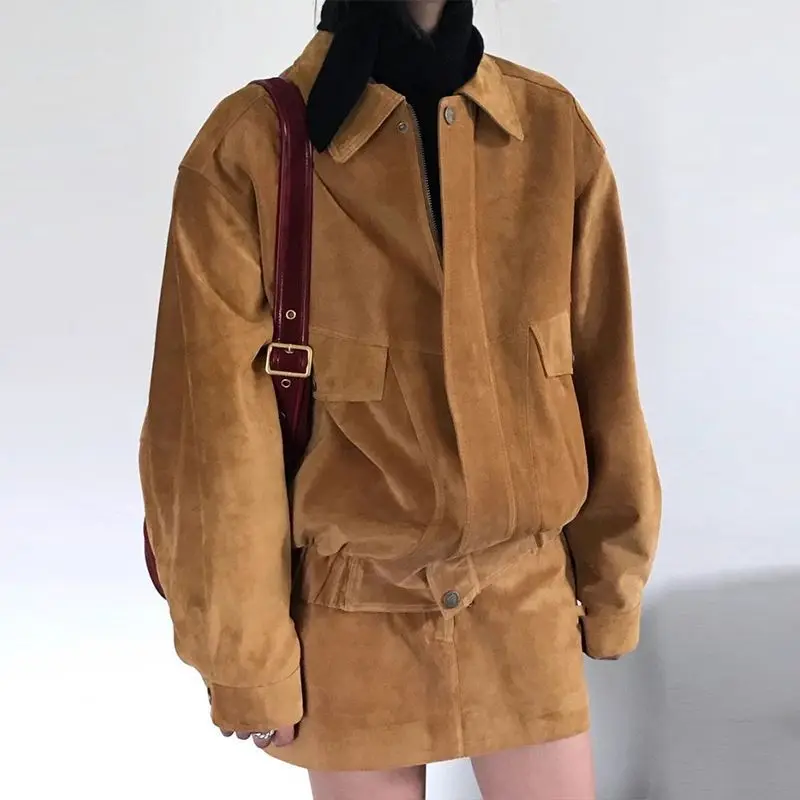 Conjunto de 2 peças para mujer casual retro terno feminino lapela solta jaqueta de manga comprida a linha saia jaqueta de couro feminino