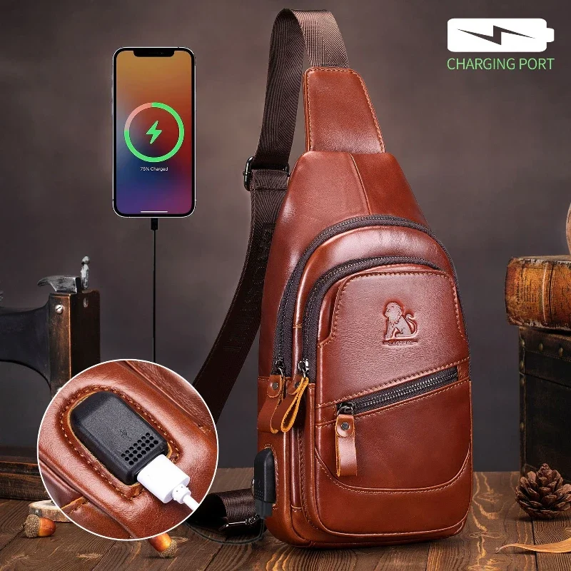 Brand Design Men's Chest Bag High Large Capacity Leather Shoulder Crossbody Bag USB Top Layer Cowhide Tablet IPad Phone Bag