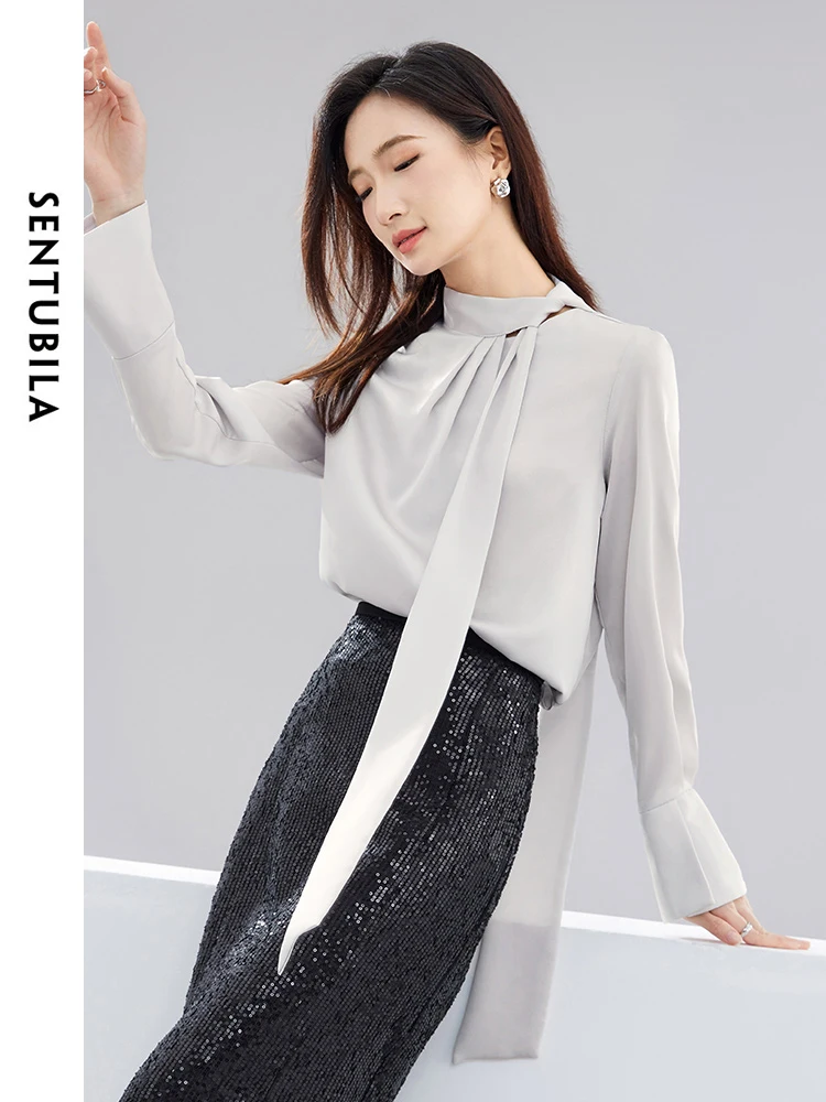 SENTUBILA Elegant Chiffon Blouse for Woman 2024 Spring Bow Tie Neck Long Sleeve Tops Office Ladies Shirts & Blouses 141V52891