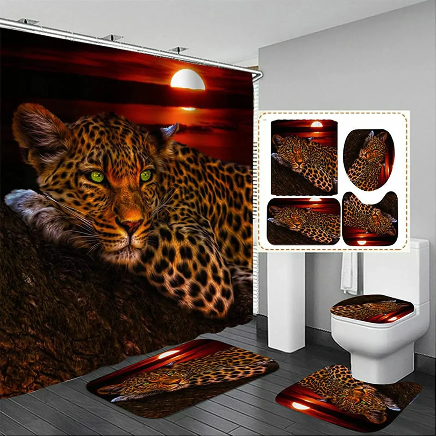 

Moon Leopard Cheetah Shower Curtain Sets Bathroom Decor Sets Bathroom Curtains Toilet Mat Lid Rug Accessories Animal Print 4pcs