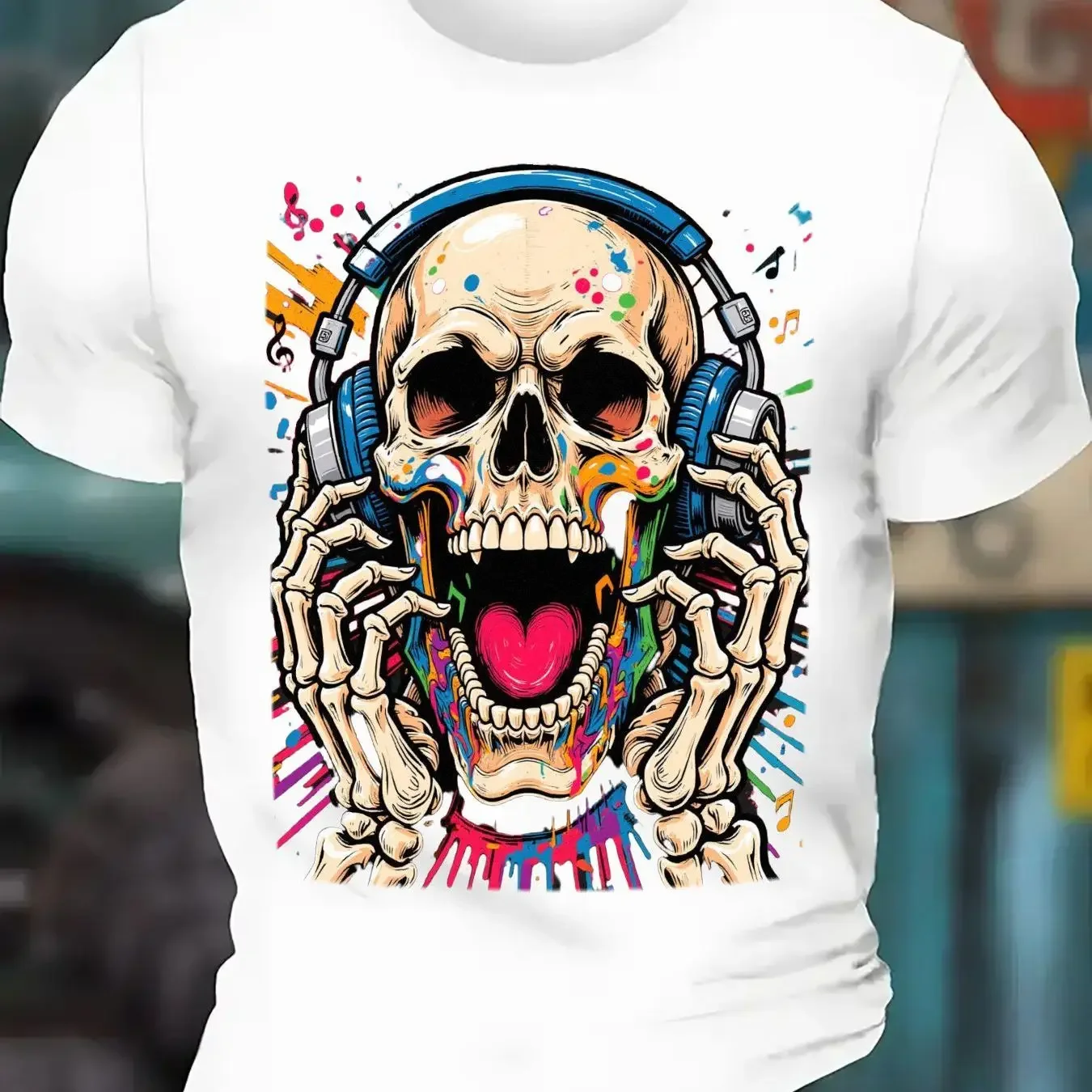 Men's Black Skeleton DJ Headphones Graphic T-Shirt - Cool Skull Music Notes Print Breathable Crew Neck Tee Men Clothing