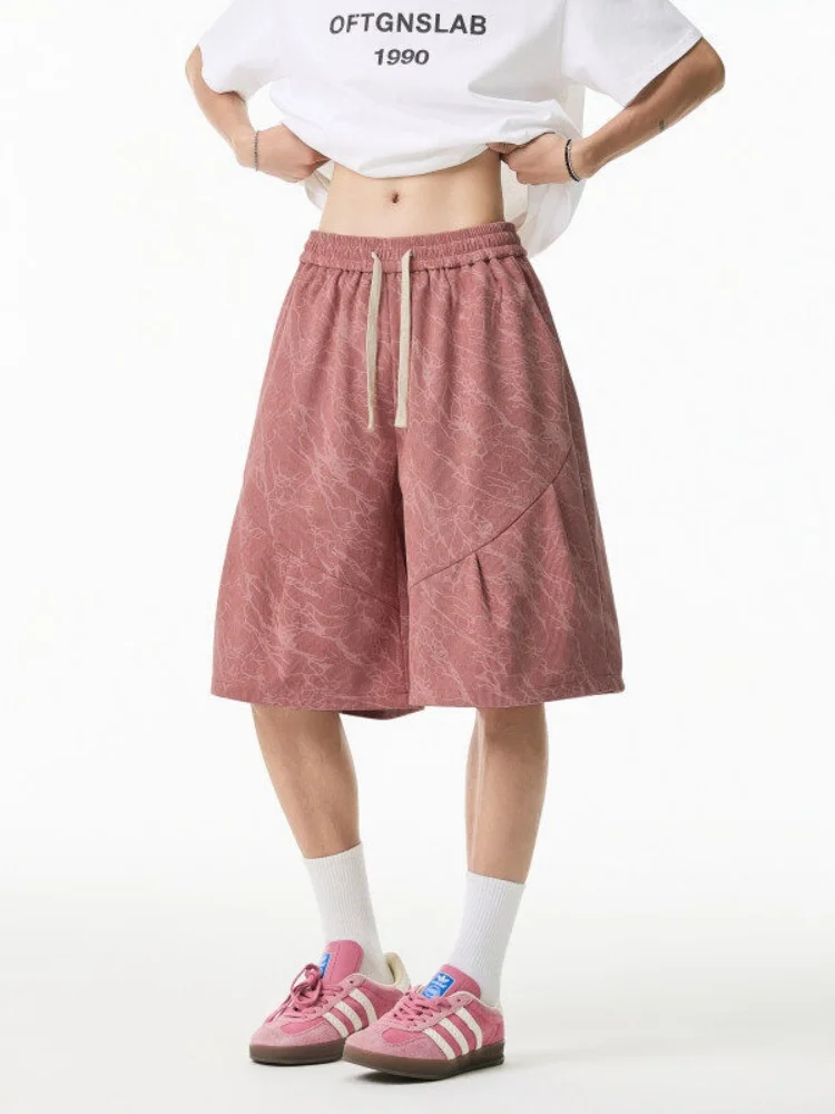 

Розовые мужские летние тонкие свободные брюки-капри с широкими штанинами, прямого кроя, повседневные камуфляжные шорты, дышащие, удобные, модные