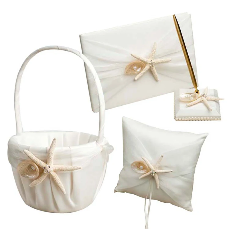 4Pcs/Set Starfish Shell Satin Romantic Wedding Decoration Ring Pillow +Flower Basket+Guest Book+Pen Set Bridal Product Supplies