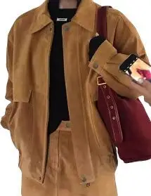 Conjunto de 2 peças para mujer casual retro terno feminino lapela solta jaqueta de manga comprida a linha saia jaqueta de couro feminino