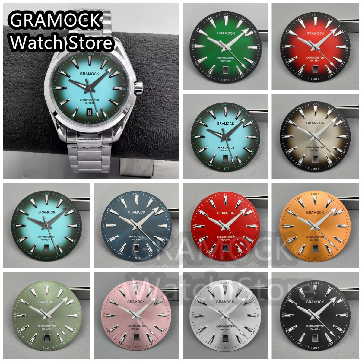 GRAMOCK 33.5 مللي متر Sunberst التدرج ساعة الطلب اليد 40 مللي متر الصلب ساعة حافظة الأخضر مضيئة 6 الساعة تاريخ صالح NH35 الحركة التلقائية